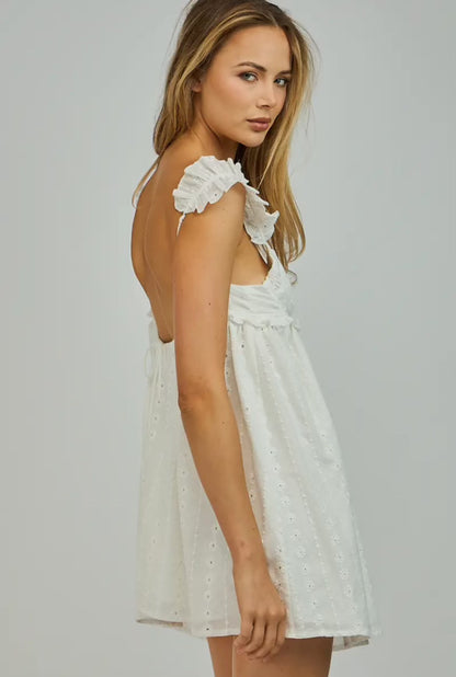 White Eyelet Sweetheart Ruffle Strap Mini Dress