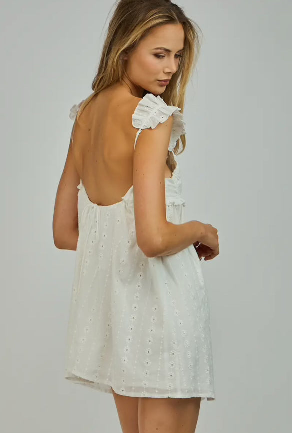 White Eyelet Sweetheart Ruffle Strap Mini Dress