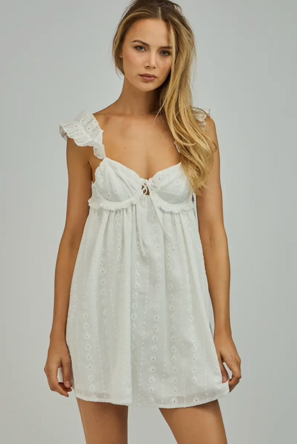 White Eyelet Sweetheart Ruffle Strap Mini Dress