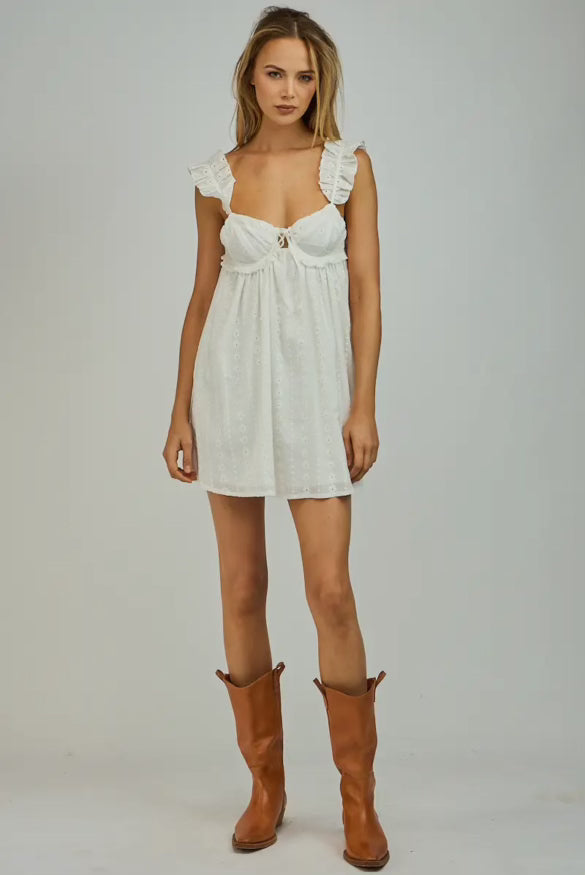 White Eyelet Sweetheart Ruffle Strap Mini Dress